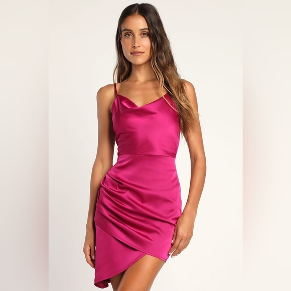Lulus Dresses & Skirts - Causing Commotion Magenta Satin Cowl Asymmetrical Mini Dress